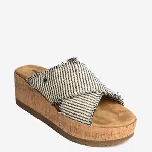 Minnetonka Women’s Posey Wedge Sandal Black/Natural Beige Stripe Print Size 10